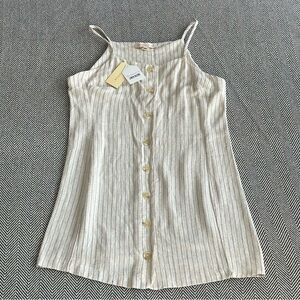 Monteau Linen Blend Camisole Mini Dress L Beige Pinstripe Button Front Coastal